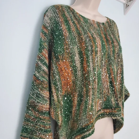 EUC Santoori Green & Tan Sequin Oversized Sweater - Picture 2 of 10